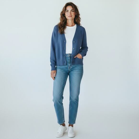 Jill Roberts 100% Cashmere Shrunken V-Neck Cardigan in Blue - Picture 1 of 11